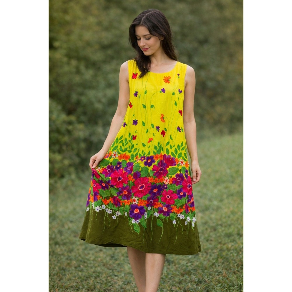 VTG Homemade Yellow Floral Sleeveless Shift Dress Garden Print Mid-Length
